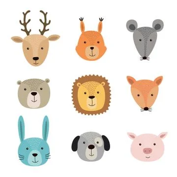 Vector illustration of animal faces including deer, squirrel, hare, lion, pig Stock Illustration