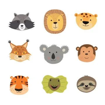 Vector illustration of animal faces including tiger, lion, Jaguar, lizard, sloth Stock Illustration