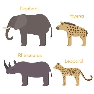 Vector illustration of animals: elephant, hyena, rhinoceros, leopard. Stock Illustration