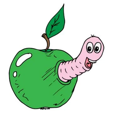 Vector illustration of an apple with a cartoon worm. Apple with a worm. Hand  Stock Illustration
