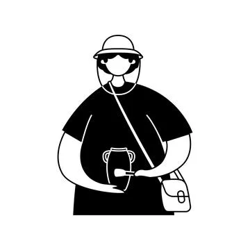 Vector illustration of an archaeologist with an antique vase in his hands. Pr 스톡 일러스트