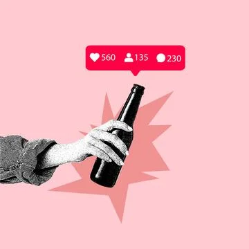 Vector illustration. Art collage. Hand holding beer bottle with social media 스톡 일러스트