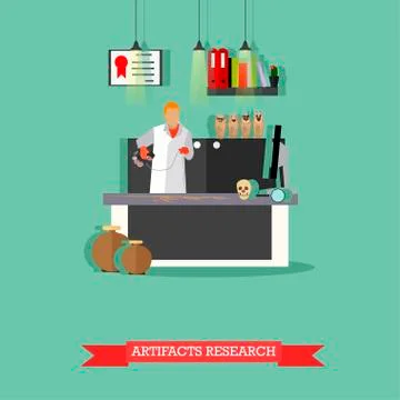 Vector illustration of artifacts research in laboratory with special equipment Illustrazione stock