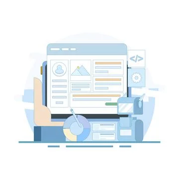 Vector illustration of artificial intelligence building a website without code. 스톡 일러스트