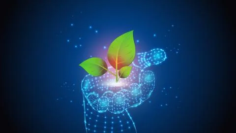 Vector illustration of artificial intelligence holding a plant in hand with Stock Illustration
