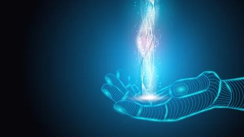 Vector illustration of artificial intelligence holding an energy field in his Stock Illustration