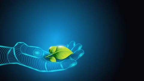 Vector illustration of artificial intelligence holding a plant in hand with Stock Illustration