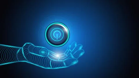 Vector illustration of artificial intelligence holding a button Power in a hand Stock Illustration