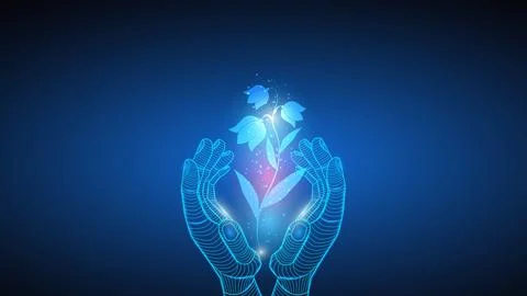 Vector illustration of artificial intelligence holding a plant in hand. Science Stock Illustration