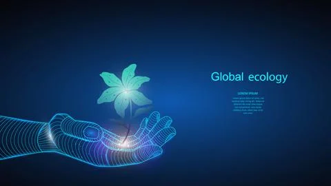 Vector illustration of artificial intelligence holding a plant in hand. Science Stock Illustration