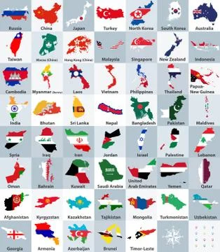 Vector illustration of Asian countries mixed with their national flags Stock Illustration