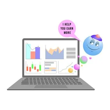 Vector illustration of an assistant character near a laptop screen with finan Stock Illustration