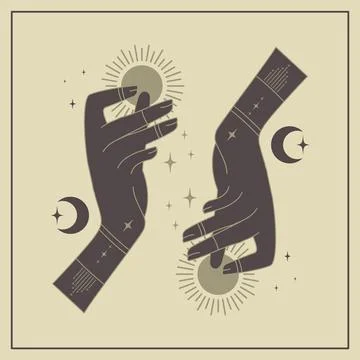 Vector illustration of astrology mystic elements with witch hands Stock Illustration