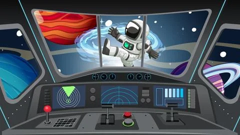 Vector Illustration of Astronaut Floating Outside Spaceship Cockpit Window Stock Illustration