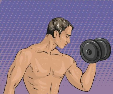 Vector illustration of athletic man with dumbbell, pop art style Stock Illustration