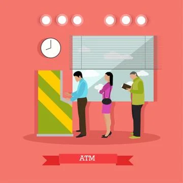 Vector illustration of ATM, people standing in queue for cash 스톡 일러스트