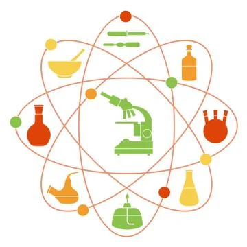 Vector illustration with atomic structure, glassware flasks, burner, microsco 스톡 일러스트