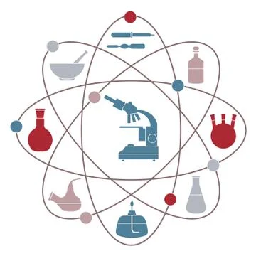Vector illustration with atomic structure, glassware flasks, burner, microsco Stock Illustration