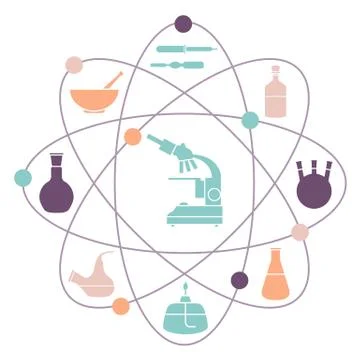 Vector illustration with atomic structure, glassware flasks, burner, microsco Stock Illustration