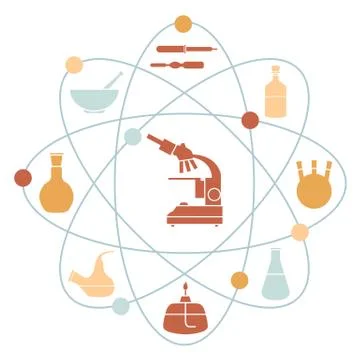 Vector illustration with atomic structure, glassware flasks, burner, microsco 스톡 일러스트