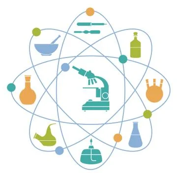 Vector illustration with atomic structure, glassware flasks, burner, microsco Stock Illustration