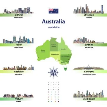 Vector illustration of Australia states map with skylines of capital cities Illustrazione stock