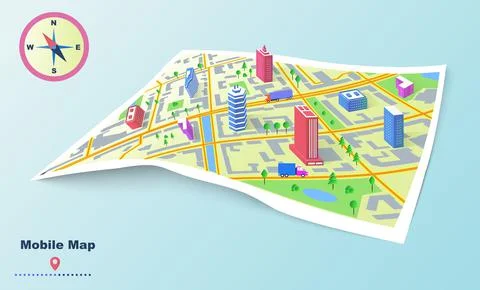 Vector illustration of auto navigator paper map with buildings, trees, cars and Stock Illustration