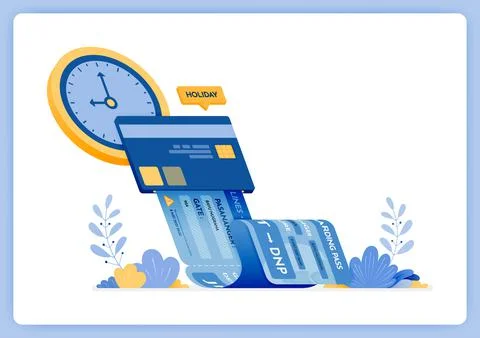 Vector illustration of automatic flight ticket purchase schedule by credit ca Stock Illustration