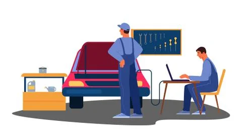Vector illustration of automobile got fixed in car service. Stock Illustration