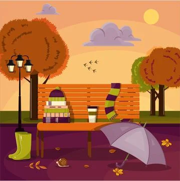 Vector illustration of an autumn park. A bench with books, a scarf and yellow Stock Illustration