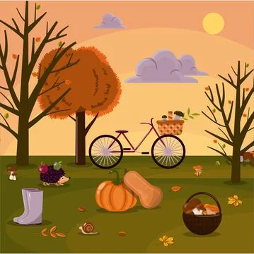 Vector illustration of an autumn park. Forest with mushrooms and animals Stock Illustration