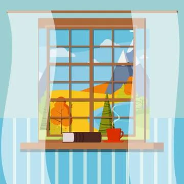 Vector illustration of autumn view window frame with closed book, cup with ho Stock Illustration