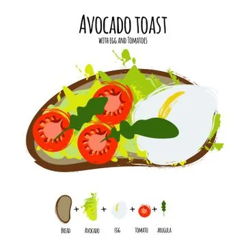 Vector illustration avocado hummus toasts with tomatoes, eggs Stock Illustration