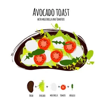 Vector illustration avocado hummus toasts with tomatoes, mozzarella Stock Illustration