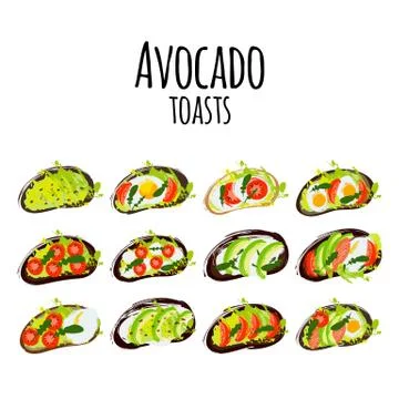 Vector illustration avocado toasts with different types of bread, tomatoes, eggs Stock Illustration