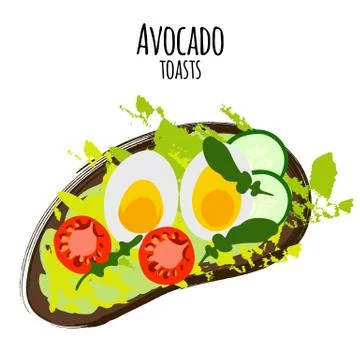 Vector illustration avocado toasts with tomatoes, eggs. Stock Illustration