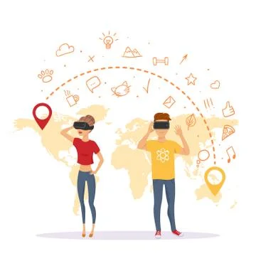 Vector illustration background with cartoon characters, man and woman with vi Stock Illustration