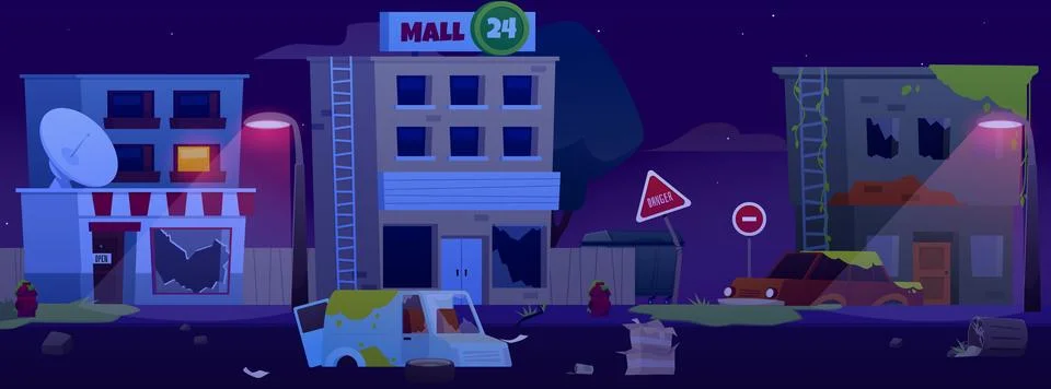 Vector illustration of a background with the image of a night abandoned empty Stock Illustration