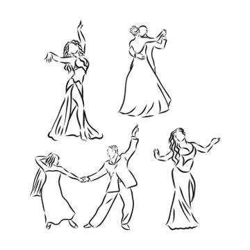 Vector illustration of ballroom dancing couples, dancing, vector sketch illus Stock Illustration