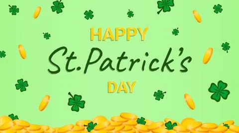 Vector illustration. Banner Happy St. Patrick's Day. Coins and clover. Stock Illustration