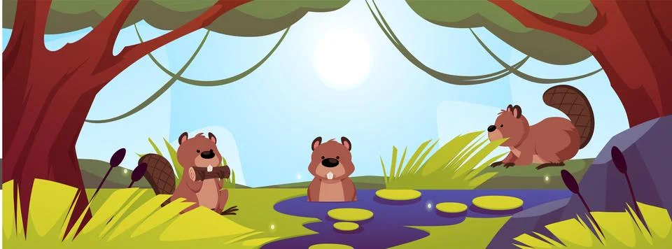 Vector illustration of banner with pond between trees with cute beavers. Stock Illustration