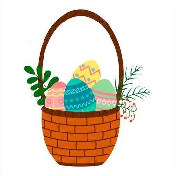 Vector illustration of a basket with colored eggs and twigs of plants isola.. Stock Illustration