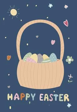 Vector illustration of a basket with easter eggs. Stock Illustration