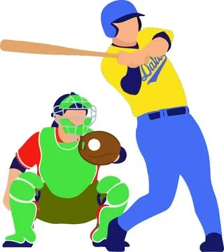 Vector illustration of a batter in blue and yellow swinging a bat as the catc Stock Illustration