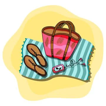 Vector illustration of beach blue towel laying on the sand with beach bag, mp3 Stock Illustration