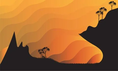 Vector illustration of beautiful dark mountain landscape with fog and fores Stock Illustration