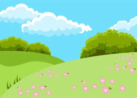 Vector illustration of beautiful fields landscape with a dawn, green hills Stock Illustration