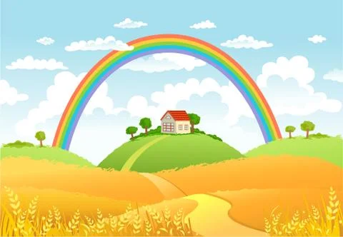 Vector illustration of beautiful landscape with rainbow Stock Illustration