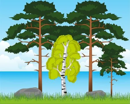 Vector illustration of the beautiful landscape riverside and tree year daytim Illustrazione stock
