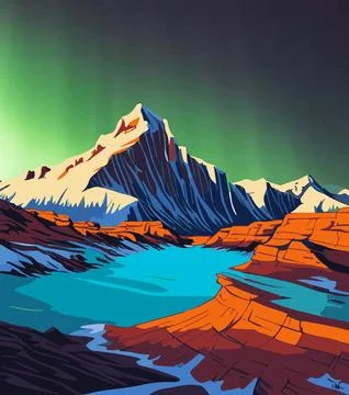 Vector illustration of a beautiful mountain landscape with northern lights 스톡 일러스트